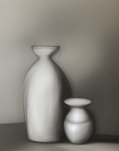 The black and white charcoal drawing of two vases and a bottle