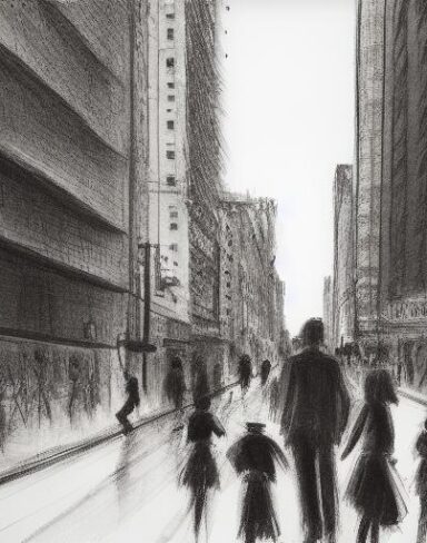 The charcoal painting of people walking down a city street