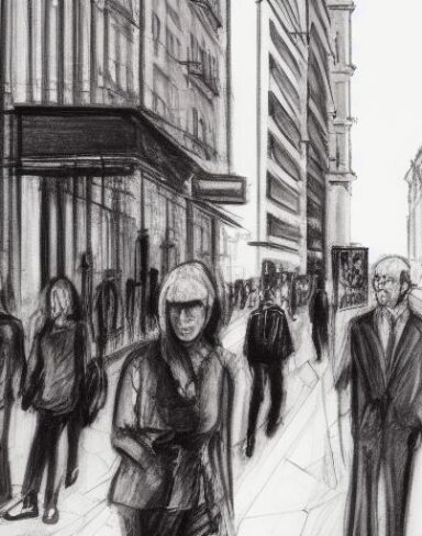The charcoal painting of people walking down a city street