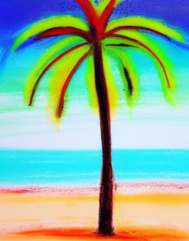 The color painting of a palm tree on a beach