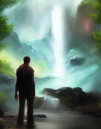 The digital painting of a man standing in front of a waterfall