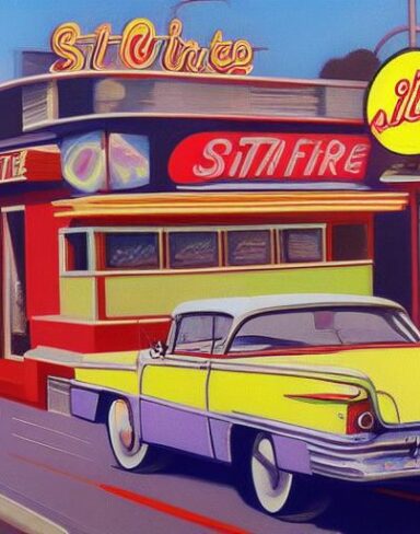 The painting of a car parked in front of a starlite diner