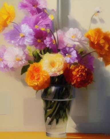 The painting of flowers in a vase on a window side