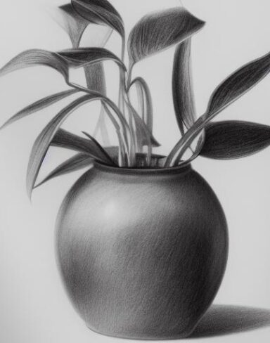 The pencil drawing of a plant in a vase