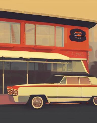 The retro car is parked in front of a restaurant