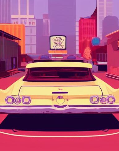 The retro car is parked in front of a restaurant