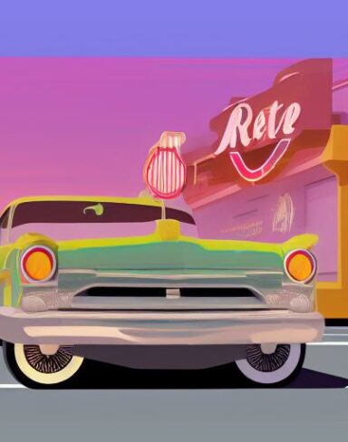The retro car is parked in front of a restaurant