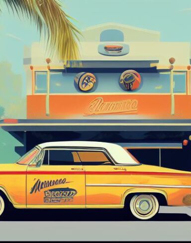 The retro car is parked in front of restaurant