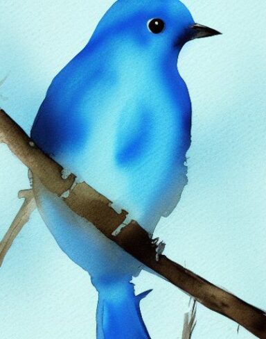 Watercolor painting of a blue bird and the branch