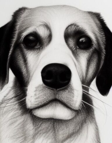 A black and white drawing of a dog portrait