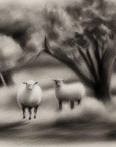 A black and white drawing of sheep and some trees