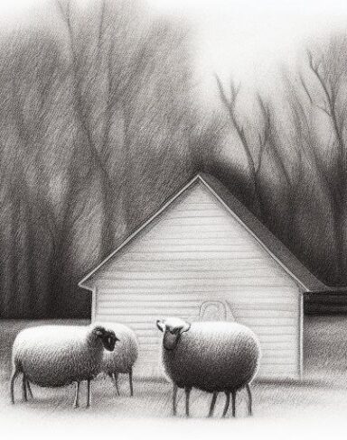 A black and white drawing of sheep in front of a barn with trees
