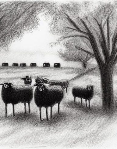 A black and white drawing of sheep in front of the barn with trees