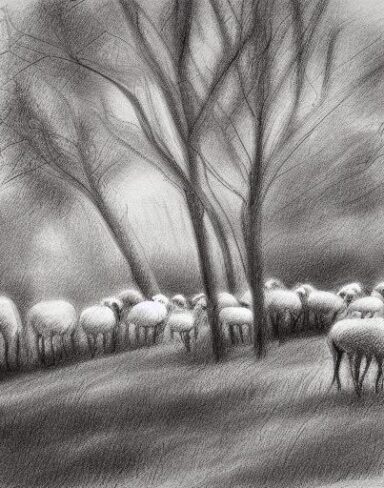A black and white drawing of sheep near river and trees