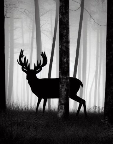 A black and white silhouette of a deer in a forest