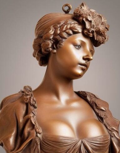 A bronze bust of a female with a hat
