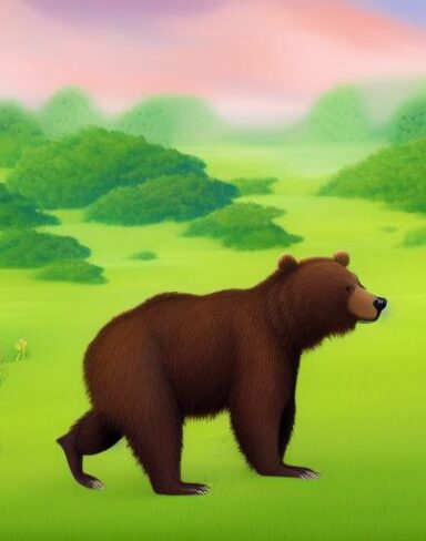 A brown bear in the lush green field