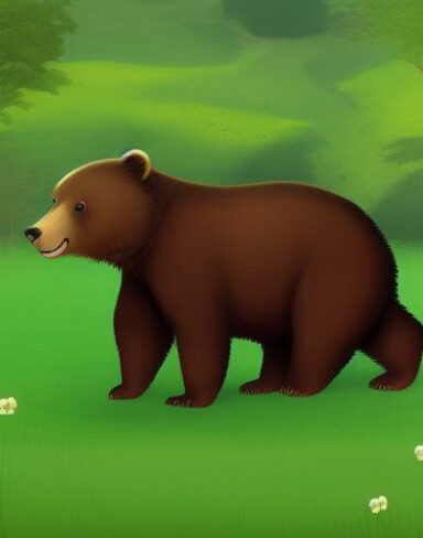 A brown bear in the lush green field