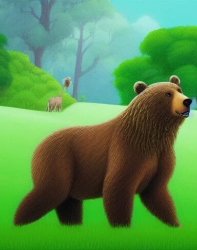 A brown bear in the lush green field