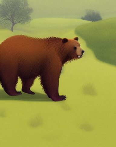 A brown bear in the lush green field