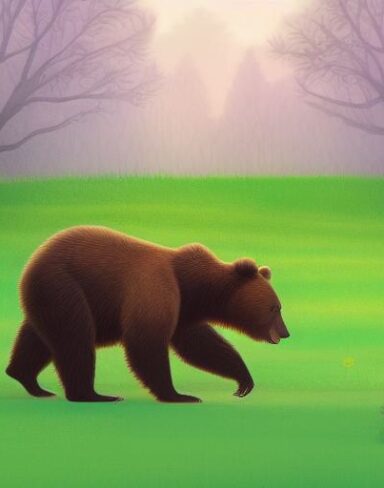 A brown bear in the lush green field