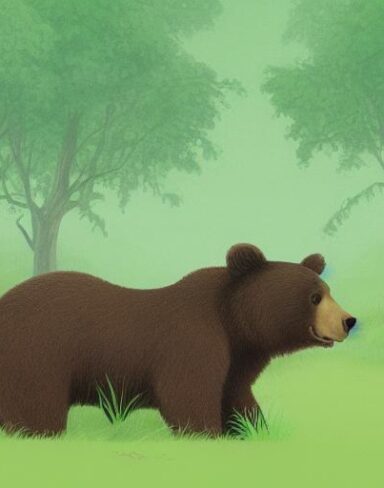 A brown bear in the lush green field