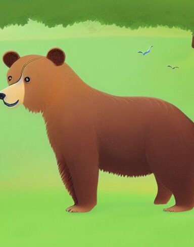 A brown bear on the lush green field