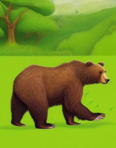 A brown bear on the lush green field