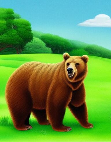 A brown bear on the lush green field