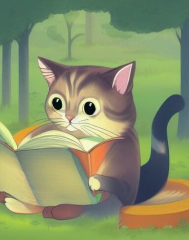 A cartoon cat is reading book in the woods