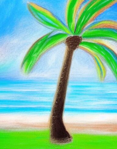 A color painting of the palm tree on a beach
