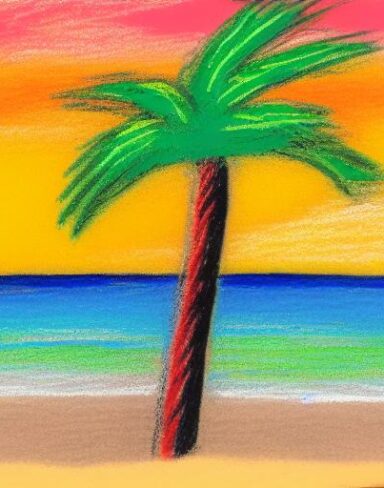 A color painting of the palm tree on a beach