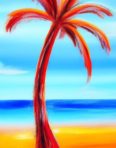 A color painting of the palm tree on a beach