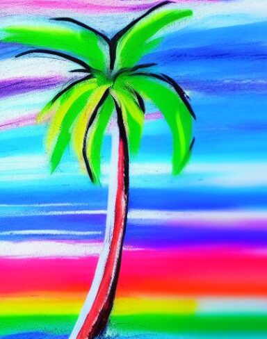 A color painting of the palm tree on a beach