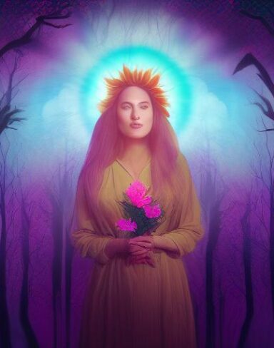 A digital 2D fantasy psychedelic artwork painting of a woman holding a laughing flower