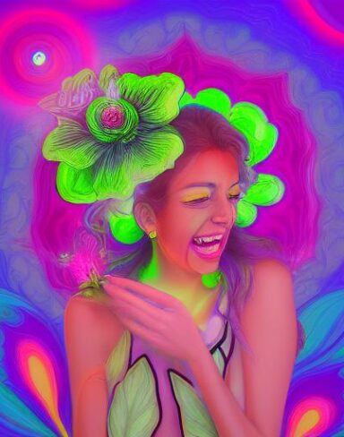A digital 2D fantasy psychedelic artwork painting of a woman holding a laughing flower