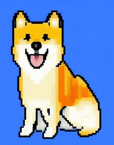 A dog sitting in front of a blue background