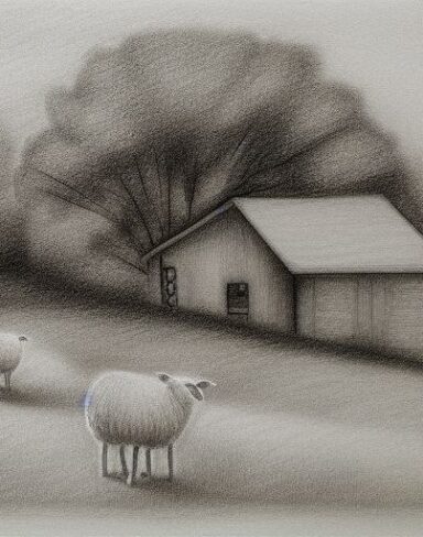 A drawing of sheep and some trees with a house behind