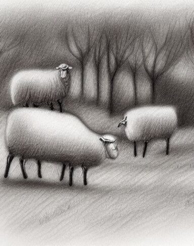 A drawing of sheep and trees