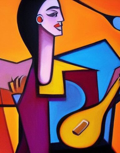 A fantasy painting of a girl playing a guitar