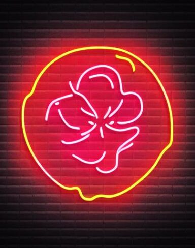 A flower neon sign on the wall