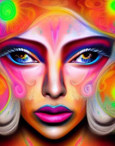 A highly detailed close-up painting of a psychedelic woman’s face