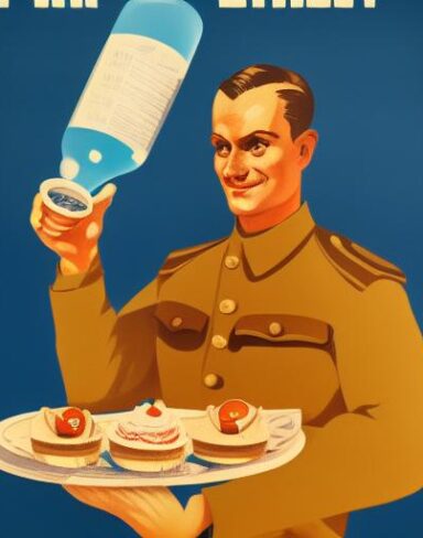 A man holding a cup of water in front of a plate of dessert