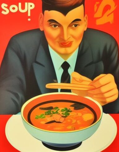 A man in front of a bowl of soup