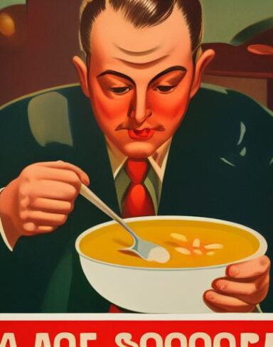 A man in front of a bowl of soup