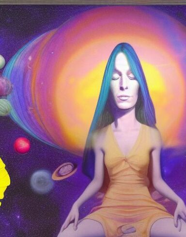 A massive scale painting of a woman sitting on a psychedelic rock in space