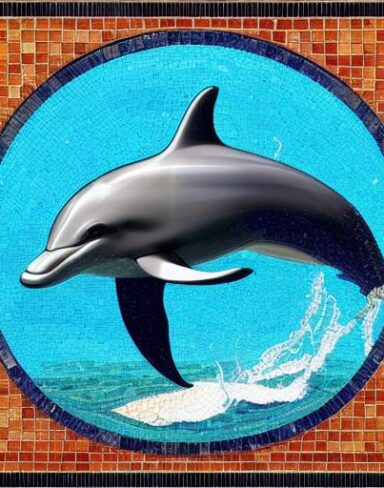 A mosaic of a dolphin swimming in the marine ocean