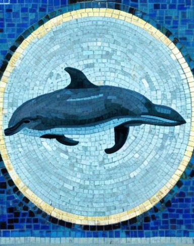 A mosaic of a dolphin swimming in the marine ocean inspired by Charles Ginner