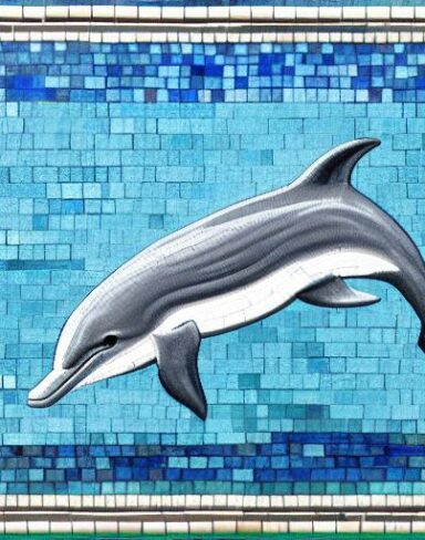 A mosaic of a dolphin swimming in the marine ocean inspired by Charles Ginner