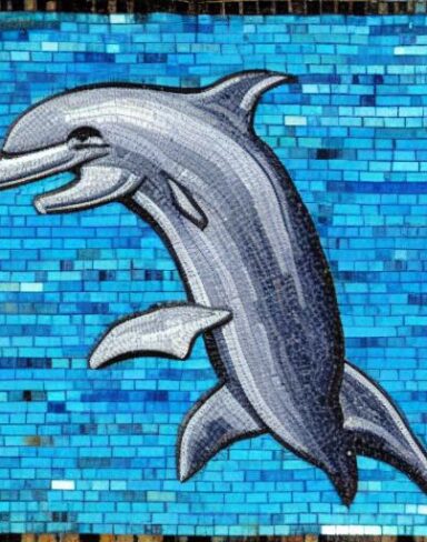 A mosaic of a dolphin swimming in the marine ocean inspired by Charles Ginner